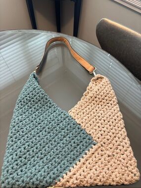 Handmade Crocheted lined Two-Tone Crochet Shoulder Bag in Teal and Cream